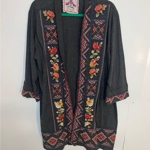 Johnny Was Gray Long Open Front Cardigan Embroidered Floral Boho 2X